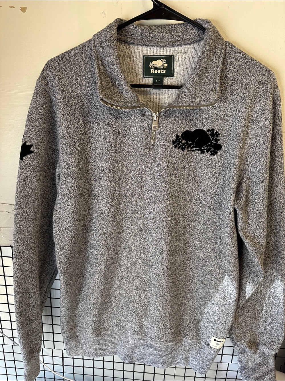 Roots Men's Grey Quarter-Zip Sweater with Embroidered Logo